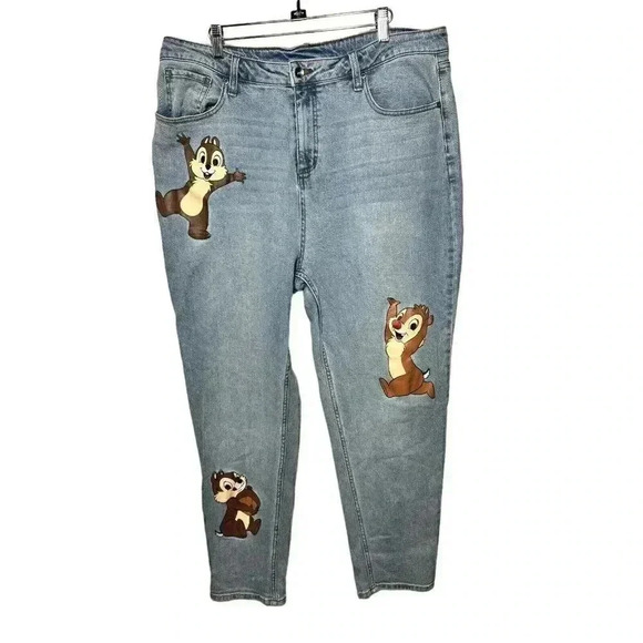 Disney Chip 'N Dale Silly Chipmunks Denim Mom Jeans Plus Size 17 EUC DISNEY